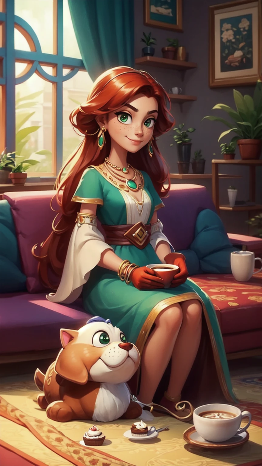 Concept Art,character illustration of a,European and American cartoons,（whole body：1.5），Mid-Long View，carpet，（Puppy lying on the floor），shoe，一个20岁的金发女生悠闲的sit在living room，Holding a cup of coffee，A laid-back expression，Relax，Leisure，European and American cartoons，1 Girl,freckle,Solitary,Jewelry,Green Eyes,Weaving,earrings,twin Weavings,necklace,Looking at the audience,Red hair,plant,Puff sleeves,bracelet,Smile,Long hair,puffy short sleeve,Necklace,dress，flower，Coffee cup，Gloves，earrings，Jewelry，肘部Gloves，cup，sit，sofa，window，cake，小cake，sofa，living room，solo