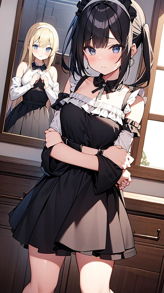 ((masterpiece)), (Highest quality、32k), (Simple style), ONE Girls, Big Breasts, Big Swing Chest, Wearing a face stolen from someone else, Sleeveless, No sleeve, Off the shoulder, Black Dress, Pleated lace, Lace dress, White knee socks. Standing, whole body, Luxurious Room, {{The maid who stole the face of the young lady}}, Browsing Caution