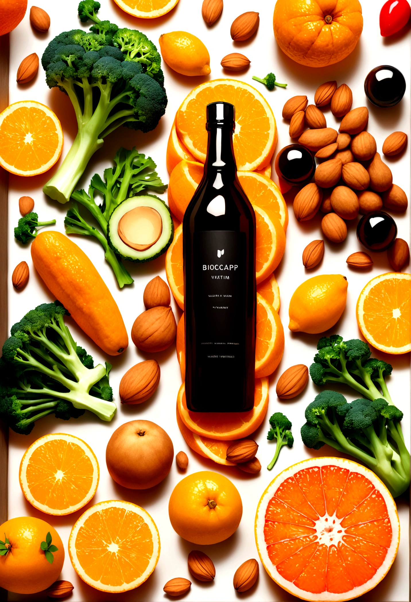 A sleek, modern bottle labeled 'Biocap Vitamin' with vibrant colors, showcasing a burst of assorted fruits and vegetables, representing multivitamins and multiminerals. The bottle is surrounded by fresh, healthy foods like oranges, broccoli, and almonds, all set against a clean, white background. The image exudes a sense of health, vitality, and wellness, side elevation view, delete bioccap black bottle out