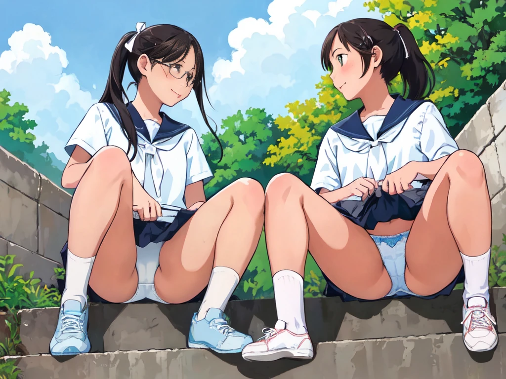 Highest quality, Ultra-high resolution, (Realistic: )2D official style cel animation,((２Girls sitting in a row))Primary school students、brown、ponytail、White Big Ribbon、Glasses、Blue Check Mini Skirt,Summer Shirts,Unbutton、(Lace panties),loose socks,sneakers,Full body portrait,(From below),Station stairs,sunny,Spread your legs、from the front、blush、shut up、