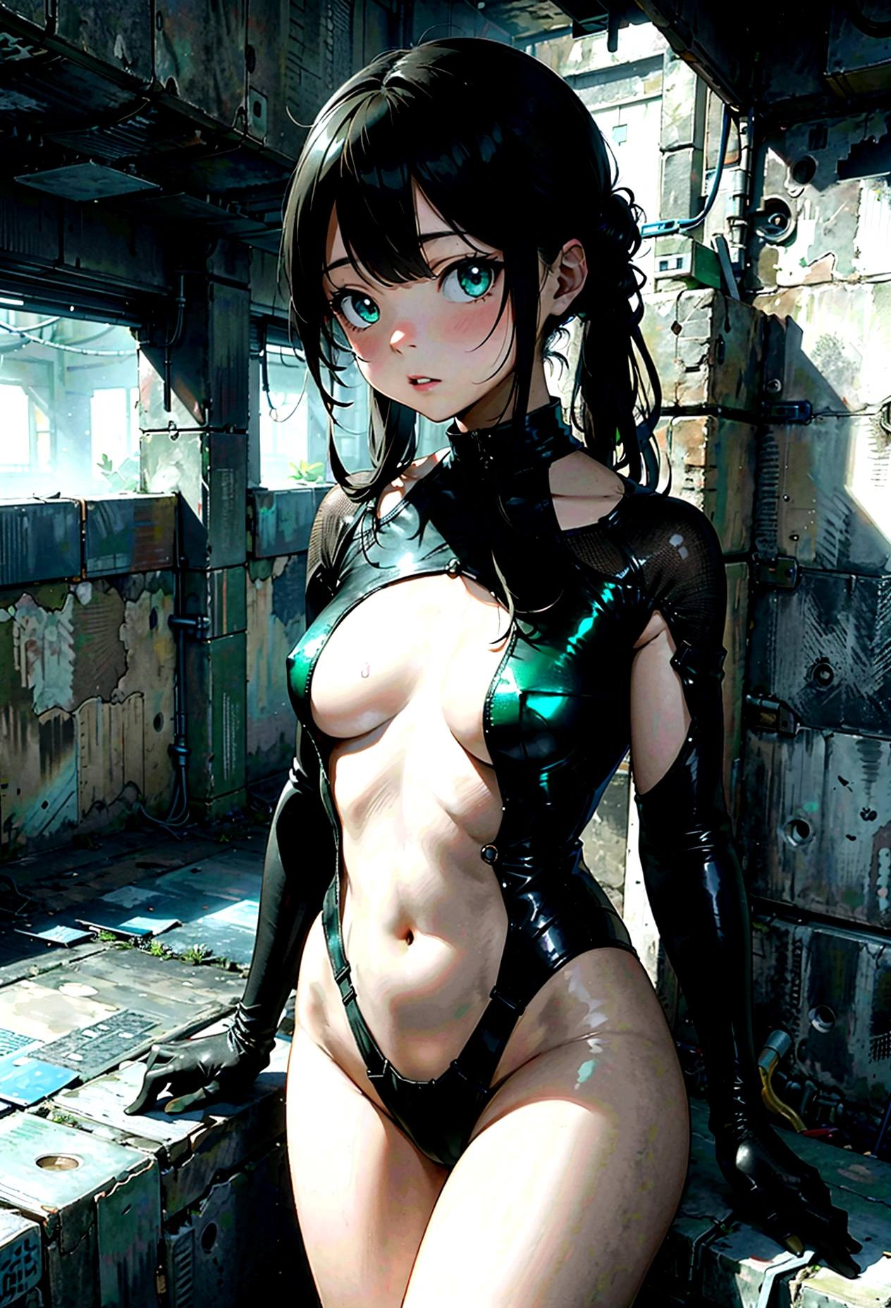 Iridescent arm parts, rainbow colors, prisms,Low - Angle、 Emerald green eyes、Part of the clothing is see-through、Cinematic angles、optical fiber、Connected Cord、Illuminated parts See-through parts、Cyberpunk cityscape, young woman with long black hair wearing an emerald green powered exosuit, standing in a contemplative pose amidst the neon-lit ruins, textured digital art with muted tones and subtle ambient noise, detailed and intricate illustration, dystopian and gritty yet beautiful, a glimmer of hope in the decay,Fish Girl in Sci-fi translucent mechanical bikini ++,The bikini is see-through and sparkly