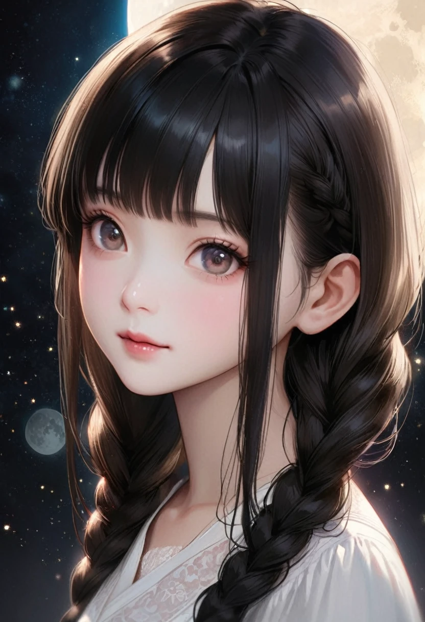 A beautiful woman with long hair wearing a white shirt, cute anime-style face, realistic anime girl, Chisato, black hair with bangs, Kurumi, cute and delicate face, young cute pale Asian face, Sakimichan, midday moon and stars in the sky, female, braid, The hair is braided
