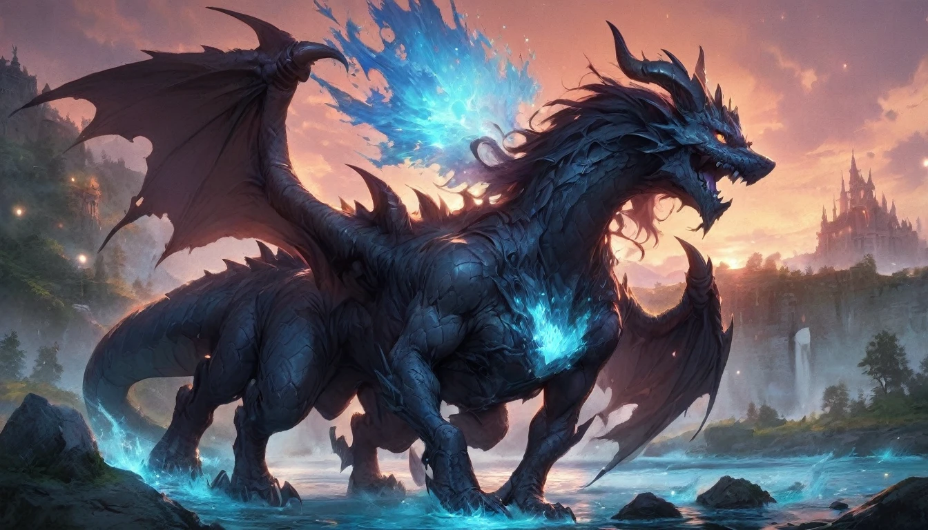 best quality,4k,8k, highres, masterpiece:1.2), ultra-detailed, extremely detailed eyes, extremely detailed body, (large masterpiece digital art), (detailed manga illustration), (detailed line art), ((perfect anatomy)), (intricate details:1.3), (ultra-detailed:1.3), (illustration:1.3), (sharp focus:1.3), (natural lighting:1.05), (vivid colors:1.3), (masterpiece), (best quality:1.4), (perfect anatomy:1.4), high quality, expressive eyes, 1 girl, breast, animal focus, bracelet, claws, dragon, magic energy, full body, gold eyes, slit pupils, horns, gold horns, dragon horns, demon horns, jewelry, monster, giant monster, no humans, open mouth, scales, fur, black fur, sharp teeth, solo, tail, teeth, sharp teeth, wings, outdoors, black scales, river, scales, scenery, sky, sunset, western dragon, yellow sky, ice, ice crystals, fire, blue fire, lightning, red lightning, elemental aura, particles, glowing particles, Jeff Bridges, ((cartoon style)), Marvel Cinematic Universe style, (((hell castle in the background))), soft bokeh of hellscape, Atey Ghailan, Jeremy Mann, Greg Manchess, Antonio Moro, trend in ArtStation, trend in CGSociety, Intricate, High Detail, Sharp focus, dramatic and photorealistic painting art by Midjourney and Greg Rutkowski,