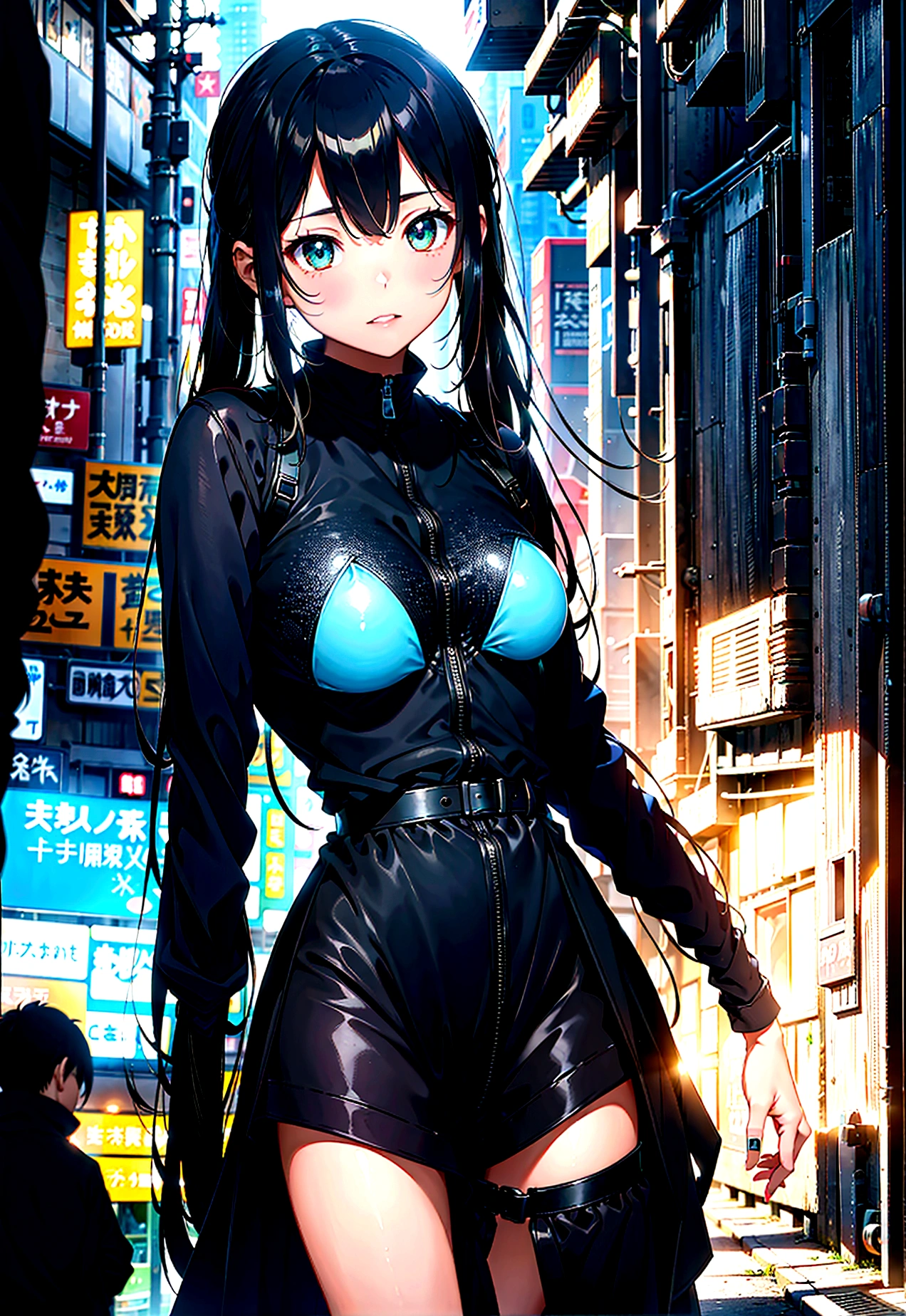 highest quality、complete limbs、full finger、black haired woman、medium hair woman、Beauty busty woman:1.3、(A woman wearing a navy blue one-piece long-sleeved school swimsuit:1.5)、(((woman wearing black tights:1.5)))、big smile、street tree、it's raining、(wet texture:1.3)