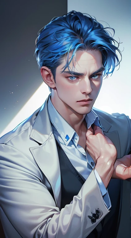 (best quality, masterpiece, 8K, photorealistic, cinematic lighting, 1:4 hdr image, ultra detailed, beautiful image), a mature man, 34 years very handsome, ((cold expression)), short blue hair, blue eyes, face perfect without mistakes, ((buttoning his jacket, CEO))