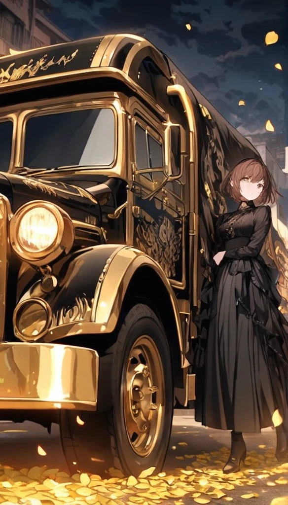 Brown hair, short cut, black outfit, black flames, gold petals, decorated truck, male