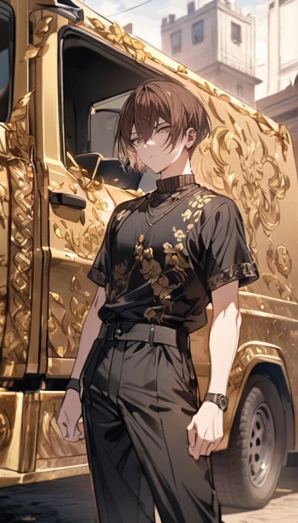 Brown hair, short cut, black outfit, black flames, gold petals, decorated truck, male