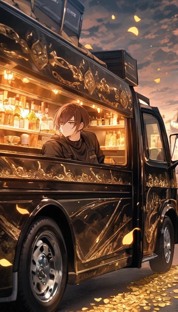 Brown hair, short cut, black outfit, black flames, gold petals, decorated truck, male