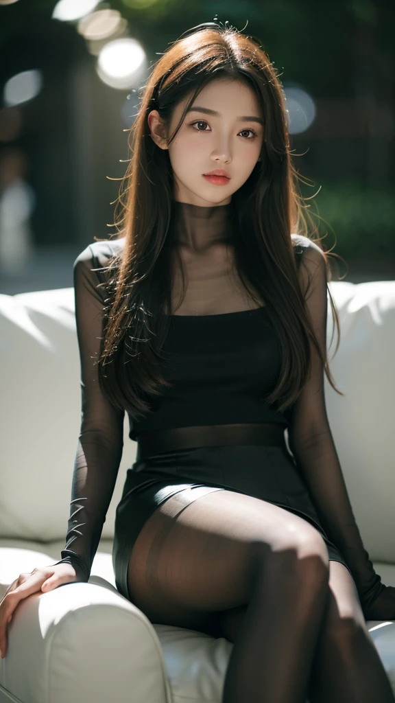 Best quality, highres, 8k, masterpiece, photography, 20 years old, a girl, long hair, (real skin texture : 1.3), (slender figure : 1.1), bright and shiny lips, (immersive ambience, chiaroscuro : 1.5, bright light : 1.2, glow lighting), (bokeh : 1.5), blurred, delicate facial features, black skirt, (opaque pantyhose : 1.5), sitting in the sofa, high contrast, fuji colors, film grain