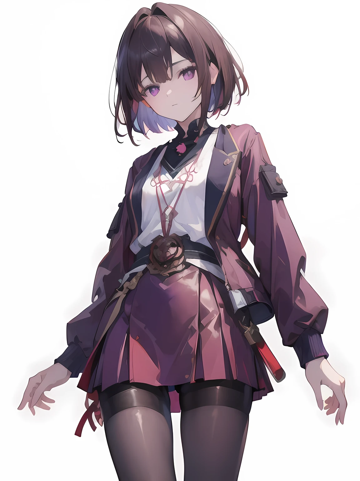 ((masterpiece, best quality)), highres, 1girl, xueyi, (short brown hair, purple eyes), brown jacket, short skirt, tights, white background