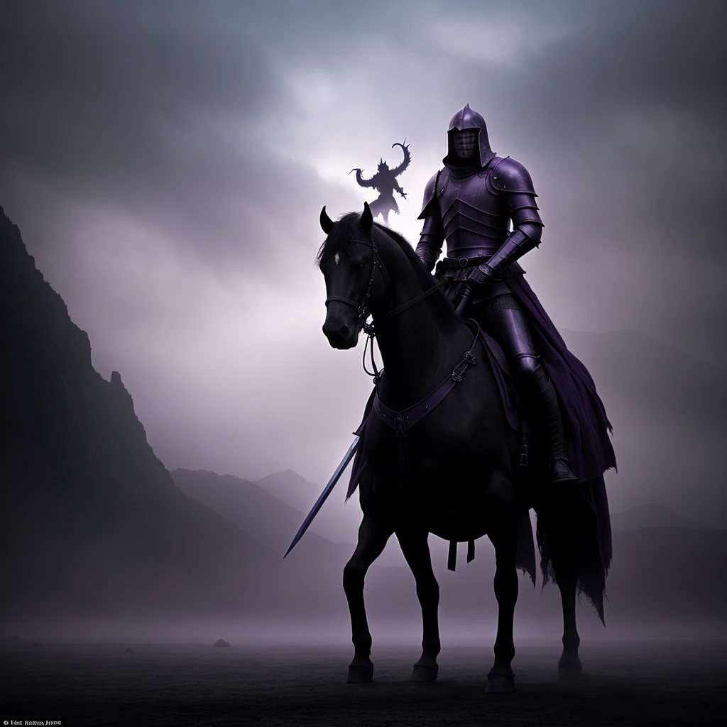 In a desolate and gloomy place full of purple fog, the silhouette of a knight carrying a sword appears, in front of a creature with black scales and beautiful purple eyes, the creature resembles a dragon from a movie from the 70s.