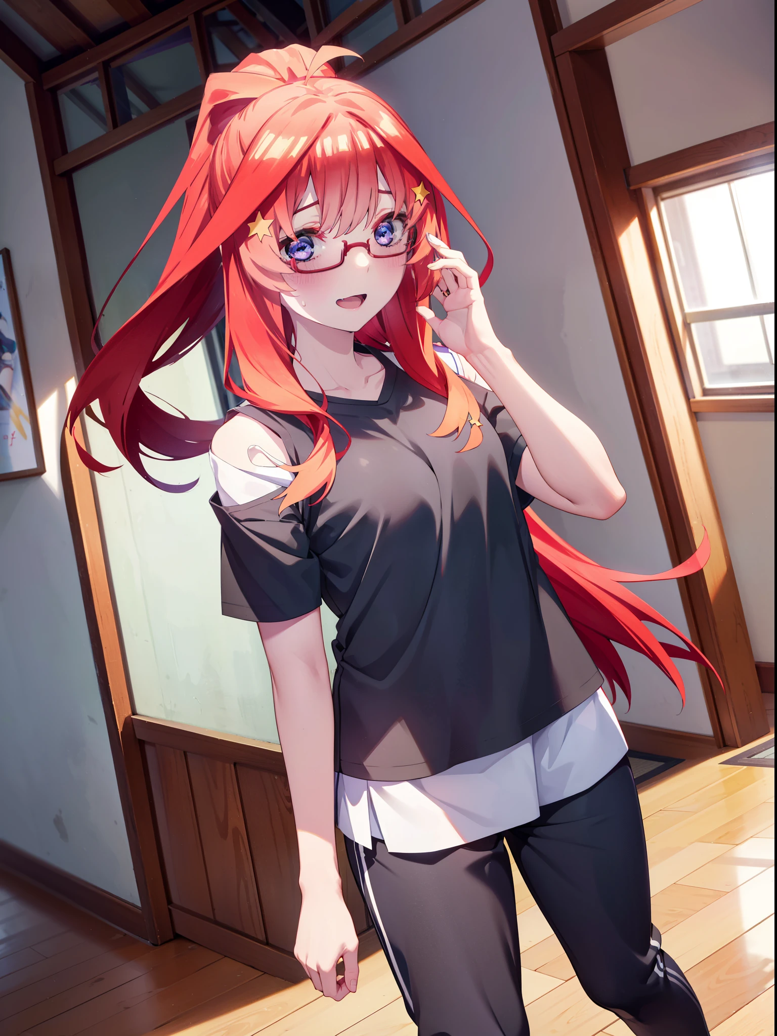 itsukinakano, itsuki nakano, bangs, blue eyes, Hair between the eyes, Ahoge, Redhead, star \(symbol\), hair ornaments, star hair ornaments,smile,blush,Open your mouth,ponytail,Red-rimmed glasses,Cold Shoulder Shirt,Short sleeve,skinny pants,Stiletto heels,Walking,whole bodyがイラストに入るように,
break indoors, School,廊下
break looking at viewer, whole body,
break (masterpiece:1.2), Highest quality, High resolution, unity 8k wallpaper, (figure:0.8), (Beautiful attention to detail:1.6), Highly detailed face, Perfect lighting, Highly detailed CG, (Perfect hands, Perfect Anatomy),