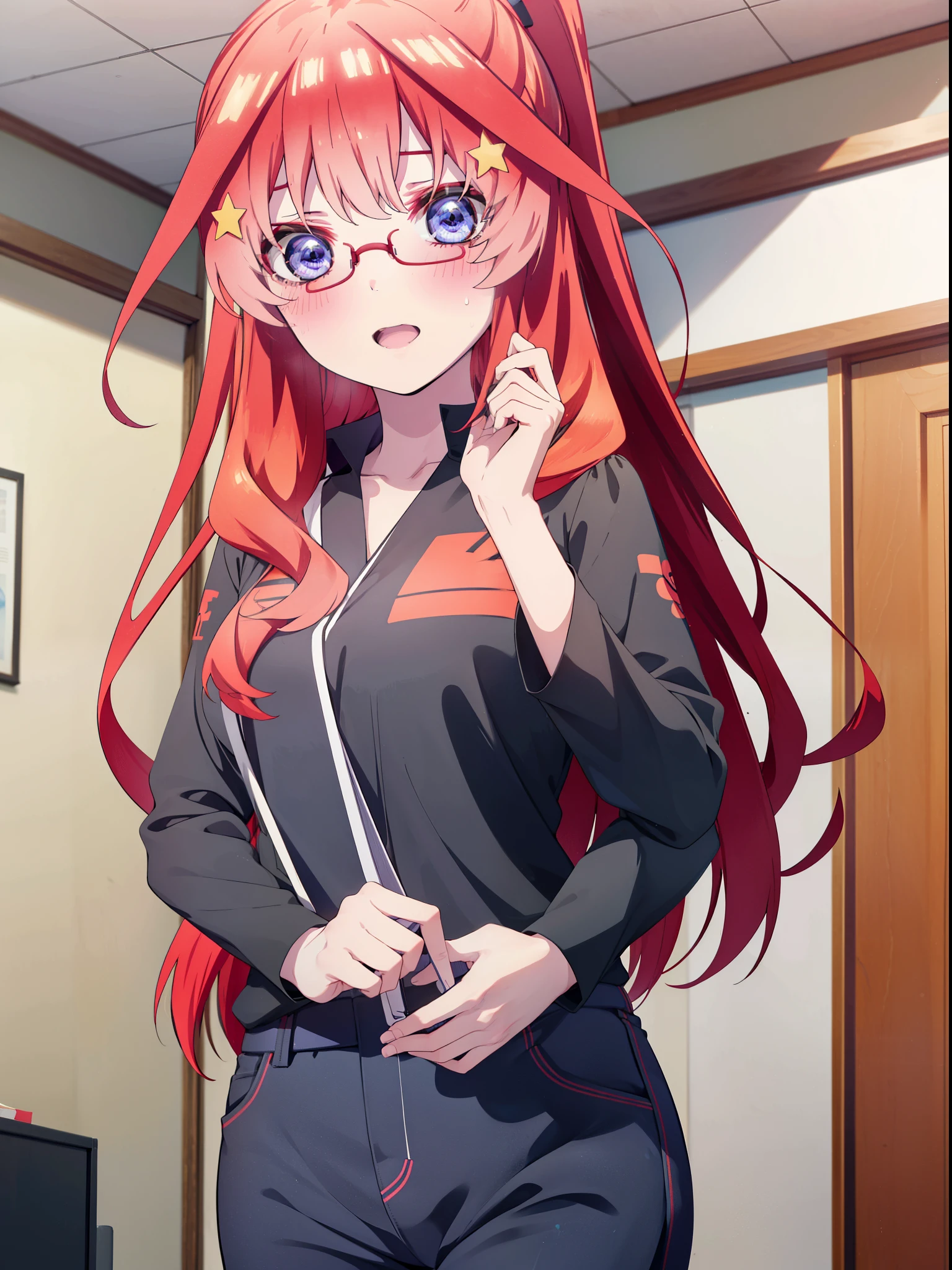 itsukinakano, itsuki nakano, bangs, blue eyes, Hair between the eyes, Ahoge, Redhead, star \(symbol\), hair ornaments, star hair ornaments,smile,blush,Open your mouth,ponytail,Red-rimmed glasses,Cold Shoulder Shirt,Short sleeve,skinny pants,Stiletto heels,Walking,whole bodyがイラストに入るように,
break indoors, School,廊下
break looking at viewer, whole body,
break (masterpiece:1.2), Highest quality, High resolution, unity 8k wallpaper, (figure:0.8), (Beautiful attention to detail:1.6), Highly detailed face, Perfect lighting, Highly detailed CG, (Perfect hands, Perfect Anatomy),