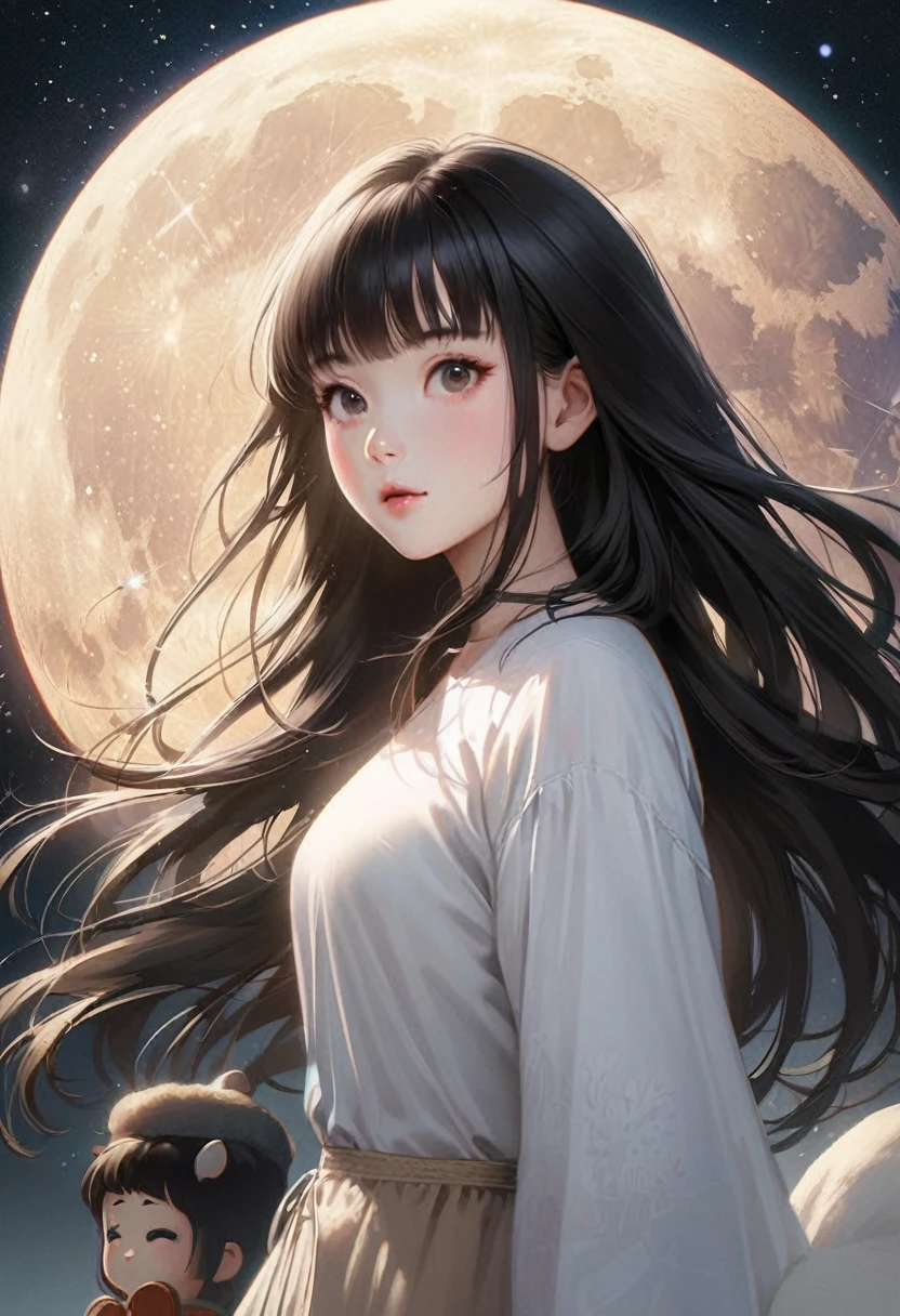 A beautiful woman with long hair wearing a white shirt, cute anime-style face, realistic anime girl, Chisato, black hair with bangs, Kurumi, cute and delicate face, young cute pale Asian face, Sakimichan, midday moon and stars in the sky, female، with slippers