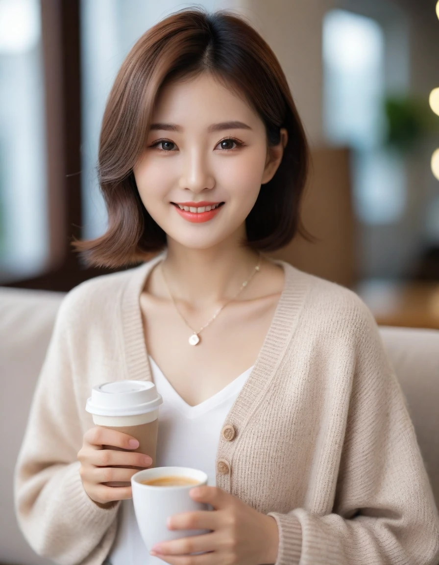 Close up of beautiful Korean woman, 32 inch chest size, Wearing a cardigan with a blouse, short medium hair, Smile. necklace, sit on the sofa and drink coffee, porcelain coffee cup, bokeh background, uhd