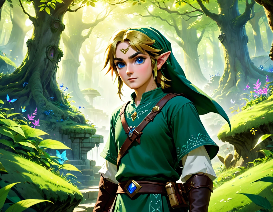 Link jouant au jeux vidéo Zelda dans un paysage fantastique, forêt détaillée avec un feuillage luxuriant, château épique au loin, beaux yeux détaillés, belles lèvres détaillées, Visage et caractéristiques extrêmement détaillés, long cils, tenue médiévale fantastique, Épée et bouclier, éclairage dramatique, composition cinématographique, couleurs vives, art numérique, style artistique conceptuel, (meilleure qualité,4K,8k,haute résolution,chef-d&#39;œuvre:1.2),Ultra-détaillé,(réaliste,photoréaliste,photo-réaliste:1.37)