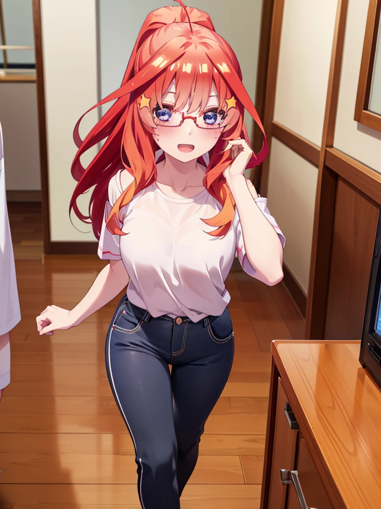 itsukinakano, itsuki nakano, bangs, blue eyes, Hair between the eyes, Ahoge, Redhead, star \(symbol\), hair ornaments, star hair ornaments,smile,blush,Open your mouth,ponytail,Red-rimmed glasses,Cold Shoulder Shirt,Short sleeve,skinny pants,Stiletto heels,Walking,whole bodyがイラストに入るように,
break indoors, School,廊下
break looking at viewer, whole body,
break (masterpiece:1.2), Highest quality, High resolution, unity 8k wallpaper, (figure:0.8), (Beautiful attention to detail:1.6), Highly detailed face, Perfect lighting, Highly detailed CG, (Perfect hands, Perfect Anatomy),