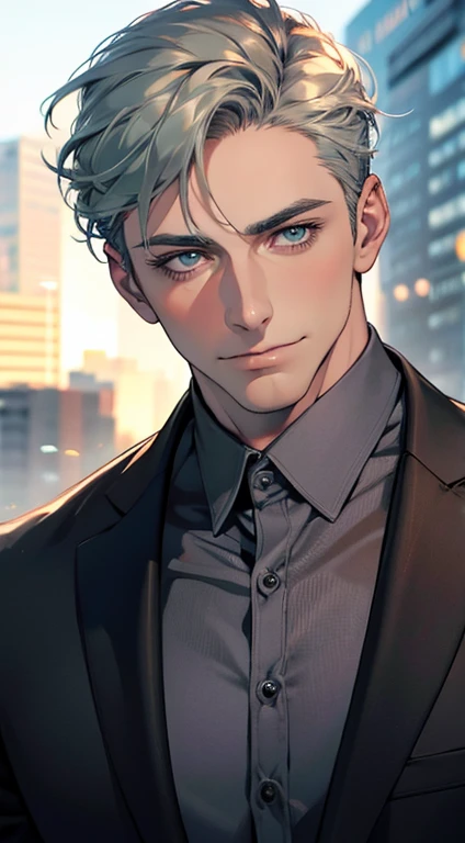 (best quality,4k,8k,highres,masterpiece:1.2),ultra-detailed,(realistic,photorealistic,photo-realistic:1.37),1 man,31 years old,mature man,very handsome,without expression,smile,short grey green hair,blue eyes,penetrating gaze,perfect face without errors,imposing posture,businessman,office background,cinematic lighting,hdr image