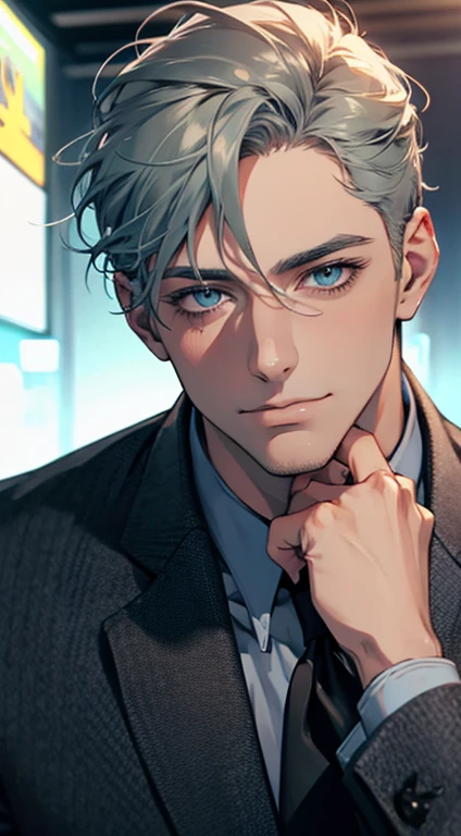 (best quality,4k,8k,highres,masterpiece:1.2),ultra-detailed,(realistic,photorealistic,photo-realistic:1.37),1 man,31 years old,mature man,very handsome,without expression,smile,short grey green hair,blue eyes,penetrating gaze,perfect face without errors,imposing posture,businessman,office background,cinematic lighting,hdr image