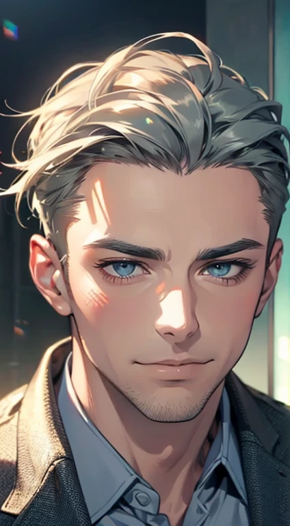 (best quality,4k,8k,highres,masterpiece:1.2),ultra-detailed,(realistic,photorealistic,photo-realistic:1.37),1 man,31 years old,mature man,very handsome,without expression,smile,short grey green hair,blue eyes,penetrating gaze,perfect face without errors,imposing posture,businessman,office background,cinematic lighting,hdr image