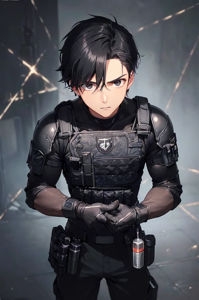 (masterpiece; best quality: 1.2), (finely detailed eyes: 1.3), ((25 year old man)), ((solo)), (black eyes: 1.4), (body; wiry, fit, masculine: 1.3), (short black hair: 1.3), (beautiful and clear background: 1.2), ((depth of field)), (equipment: spec ops full black tactical gear + black gloves + pouches: 1.3), (anime illustration: 1.2), (background composition; military base office: 1.1), (extremely fine and handsome: 1.1), (shot composition; standing + centered on torso + close-up: 1.5), (expression; calm, stoic: 1.2)