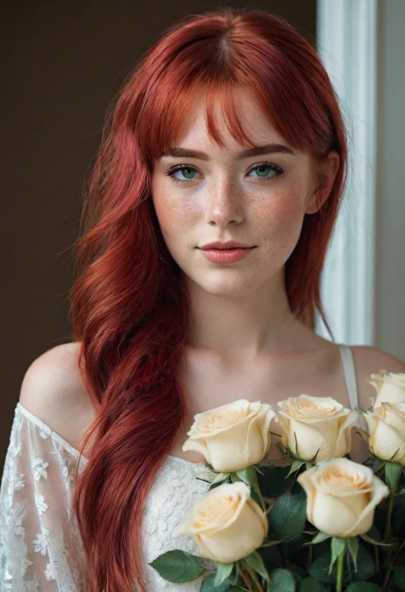 ((best quality)), ((detailed)),(masterpiece), ((cute perfect face, young 18 years old girl, skinny legs, skinny thighs, skinny waist:1.1)), ((red hair), (freckles:0.9), green eyes, ponytail red hair), hold few of red roses, half close eyes, blink, slight smile