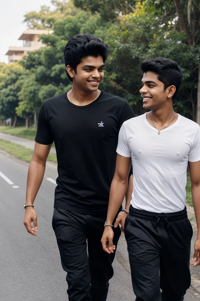 45 years old two indian boys walking on road, they are talking each other with laughing, first boy is wearing black T-shirt, with black pant, with name "Anuruddh" and second boy wearing White T-shirt on which Name "Ankit" is written, realistic image , 4k quality image. the words best friends written at top sky  , make sure name should be visible.