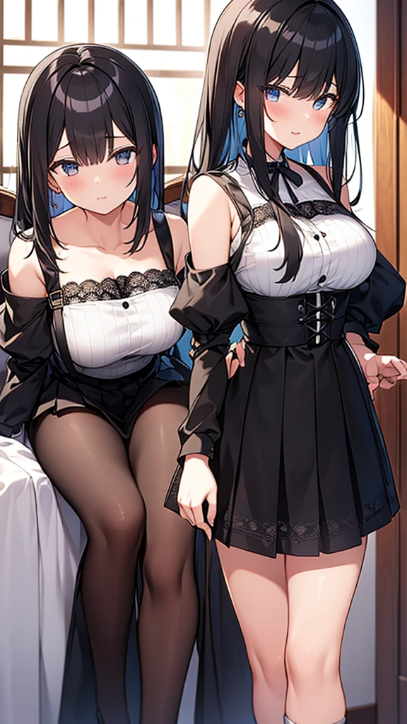 ((masterpiece)), (Highest quality、32k), (Simple style), ONE Girls, オンリー, Big Breasts, Big Swing Chest, Wearing a face stolen from someone else, Sleeveless, No sleeve, Off the shoulder, Black Dress, Pleated lace, Lace dress, White knee socks. Standing, whole body, 顔を触ってる, Luxurious Room, {{The maid who stole the face of the young lady}}, Browsing Caution
