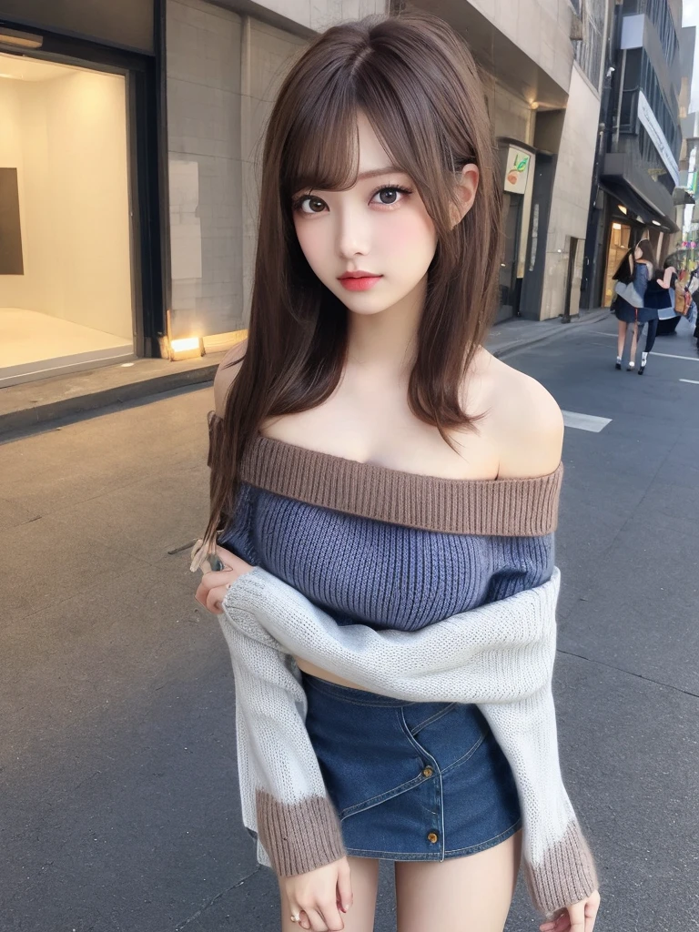 One 18-year-old Japanese woman、Japanese Idols、Tabletop、Highest quality、Super detailed、In detail、High resolution、8k wallpaper、Perfect dynamic composition、(Very big and beautiful eyes:1.8)、(Light brown knit long off-shoulder sweater:1.8)、(A simple micro mini skirt in plain navy denim:1.8)、(Smooth shoulders 1.8)、(Beautifully deep collarbone 1.8)、(Deep cleavage 1.8)、(Super long, shiny, super straight light brown hair that reaches down to her waist:1.8)、(Layered hairstyle for long, straight hair:1.8)、(Long and straight bangs 1.8)、(Her long, straight hair is so beautiful that she holds it in front of her to show it off.:1.8)、Big Breasts、Natural color lip、Random sexy poses、smile、Aoyama Street Walk、