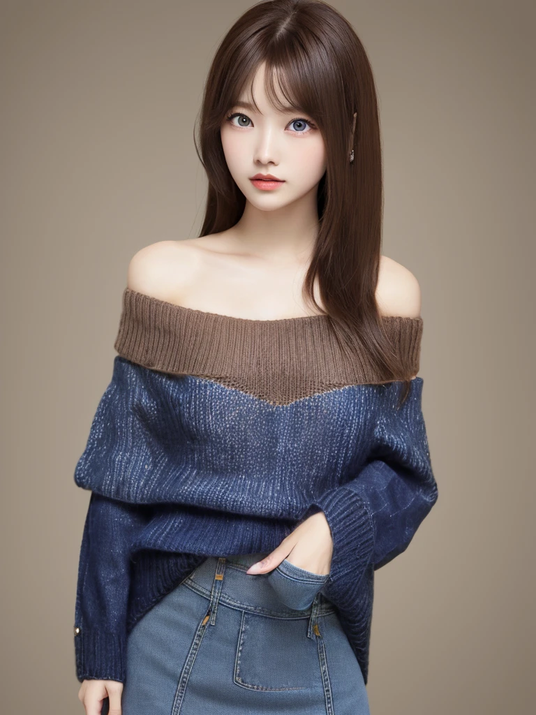 One 18-year-old Japanese woman、Japanese Idols、Tabletop、Highest quality、Super detailed、In detail、High resolution、8k wallpaper、Perfect dynamic composition、(Very big and beautiful eyes:1.8)、(Light brown knit long off-shoulder sweater:1.8)、(A simple micro mini skirt in plain navy denim:1.8)、(Smooth shoulders 1.8)、(Beautifully deep collarbone 1.8)、(Deep cleavage 1.8)、(Super long, shiny, super straight light brown hair that reaches down to her waist:1.8)、(Layered hairstyle for long, straight hair:1.8)、(Long and straight bangs 1.8)、(Her long, straight hair is so beautiful that she holds it in front of her to show it off.:1.8)、Big Breasts、Natural color lip、Random sexy poses、smile、Aoyama Street Walk、