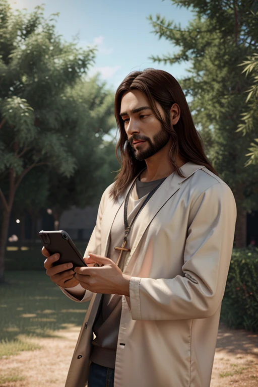 Jesus Christ with cell phone in hand doing a live, very detailed digital painting, anime realism style, pintura 4K, 3d realistic anime style  