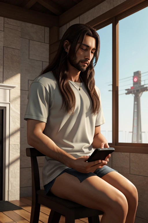 Jesus Christ with cell phone in hand doing a live, very detailed digital painting, anime realism style, pintura 4K, 3d realistic anime style  