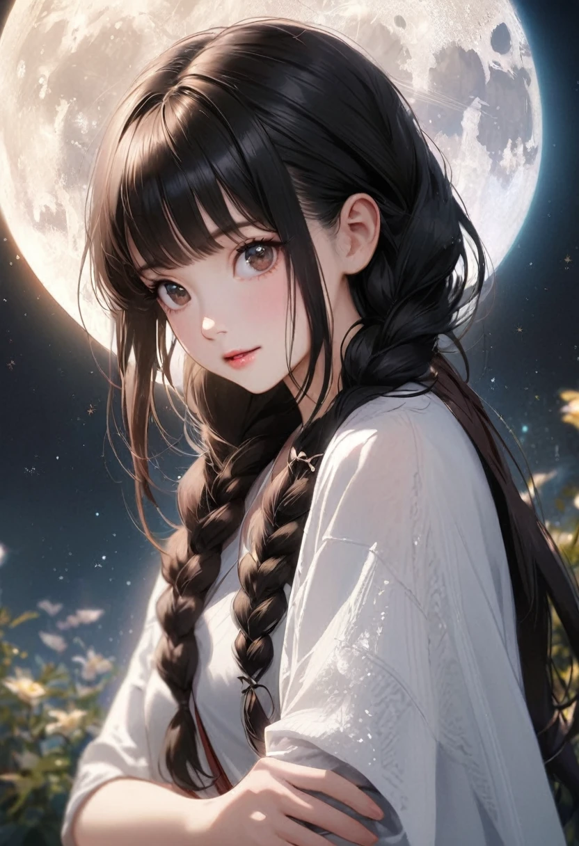 A beautiful woman with long hair wearing a white shirt, cute anime-style face, realistic anime girl, Chisato, black hair with bangs, Kurumi, cute and delicate face, young cute pale Asian face, Sakimichan, midday moon and stars in the sky, female, braid, The hair is braided, All hair braided into one braid, Braids draped over shoulders