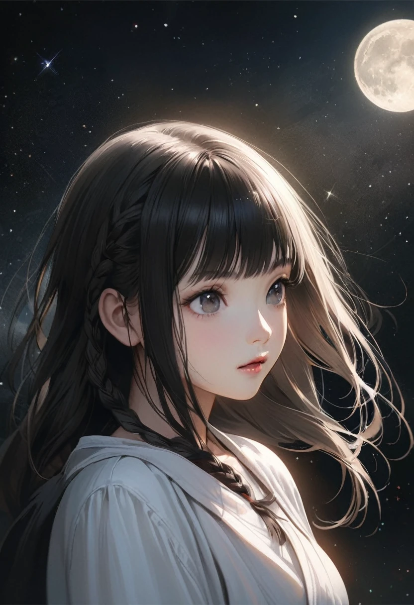 A beautiful woman with long hair wearing a white shirt, cute anime-style face, realistic anime girl, Chisato, black hair with bangs, Kurumi, cute and delicate face, young cute pale Asian face, Sakimichan, midday moon and stars in the sky, female, braid, The hair is braided, All hair braided into one braid, Braids draped over shoulders