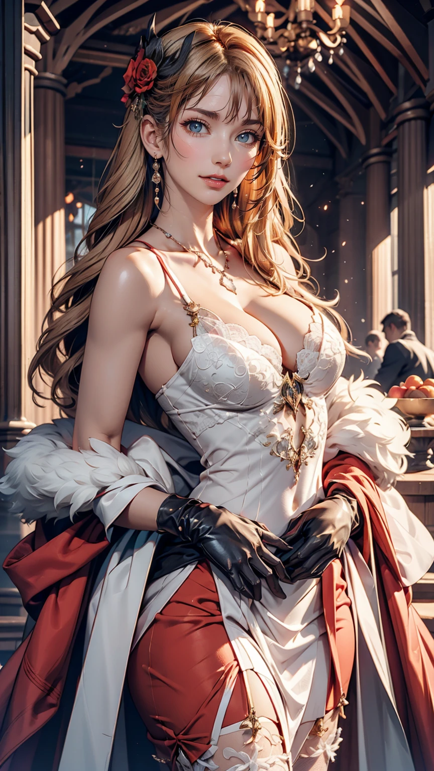 24-year-old female、mature、Platinum Blonde、Tie up your hair、hair ornaments、Décolleté exposure、Cleavage Emphasis、Party Dresses、Good looking、necklace、Earrings、Sparkling、Masquerade、Masquerade mask decorated with lace((masquerade mask))、Long gloves with lace、A luxurious ballroom