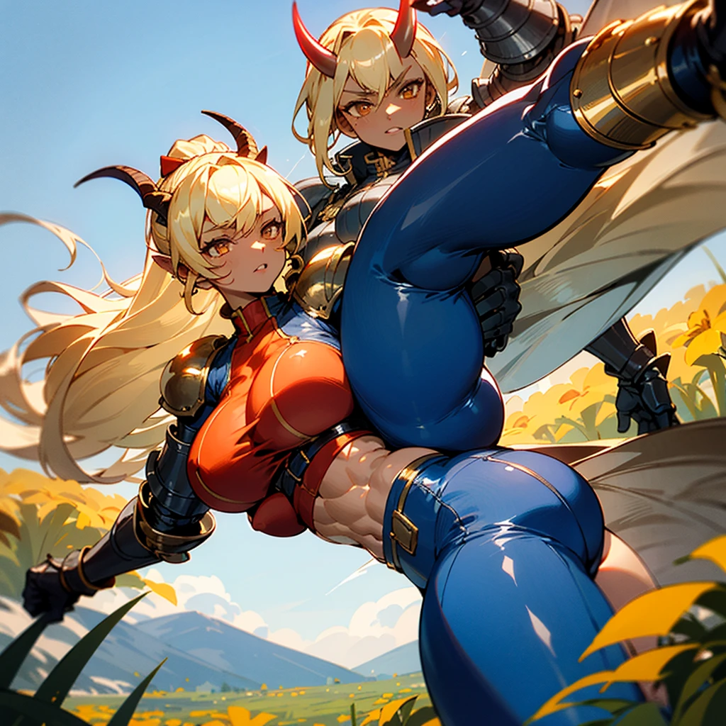 1girl, ((blonde hair)), (gold eyes), ((big red horns)), {{dark skin}}, ({dark skinned female}), gigantic breasts, thick thighs, translucent blue veins on the body, strong abdominal muscles, strong leg muscles, strong arm muscles, ponytail hairstyle, wearing a blue coat with rolled up sleeves, steel belly heavy armor, leather pants, leather steel gloves, wide a leather belt with gold yarn walks through a flower meadow against the backdrop of distant high mountains,