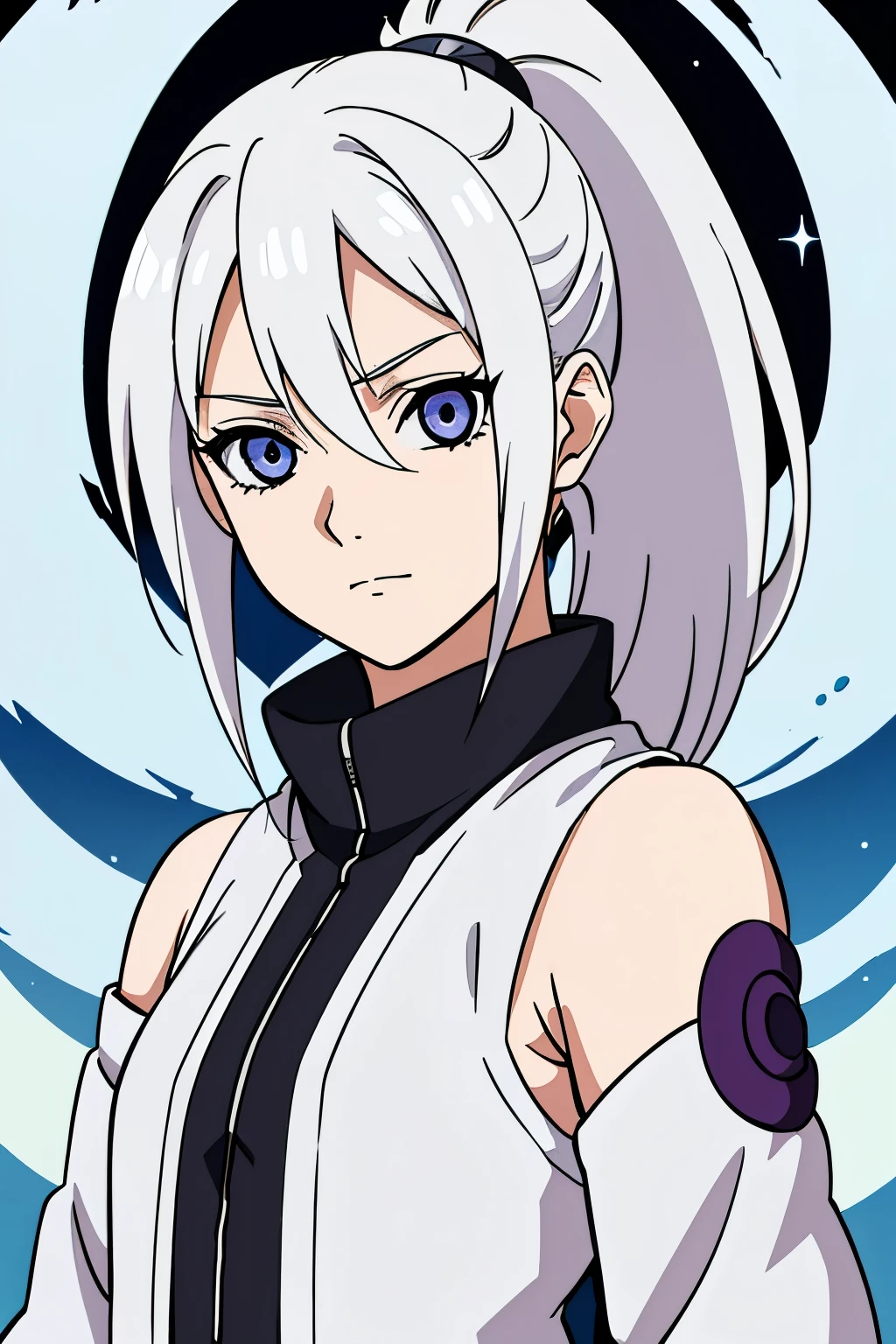 (high-quality, breathtaking),(expressive eyes, perfect face) portrait, Symmetrical Eyes, 1girl, solo, white hair, white coloured eyes, anime naruto art style, medium length hair, fluffy hair, feminine face, sky background, moon, open field background, stars, trees, hyuga, Ōtsutsuki, naruto ninja attire, neutral expression, soft smile, purple and black clothing, white trim, long sleeves, white dress, hair between eyes, bare shoulders, jacket, night time, ponytail