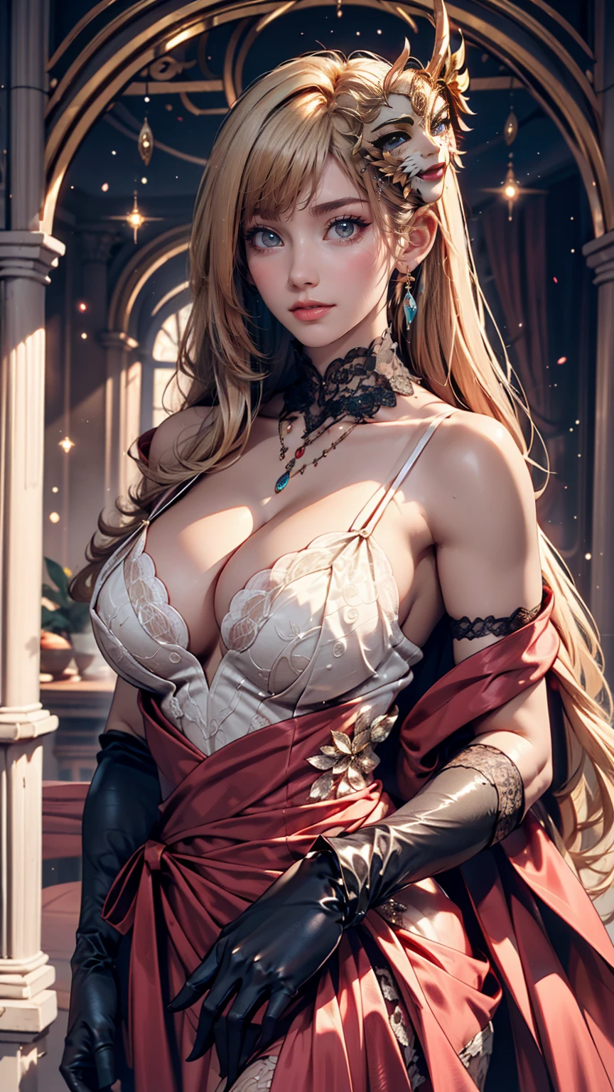 24-year-old female、mature、Platinum Blonde、Tie up your hair、hair ornaments、Décolleté exposure、Cleavage Emphasis、Party Dresses、Good looking、necklace、Earrings、Sparkling、Masquerade、Masquerade mask decorated with lace((masquerade mask))、Long gloves with lace、A luxurious ballroom