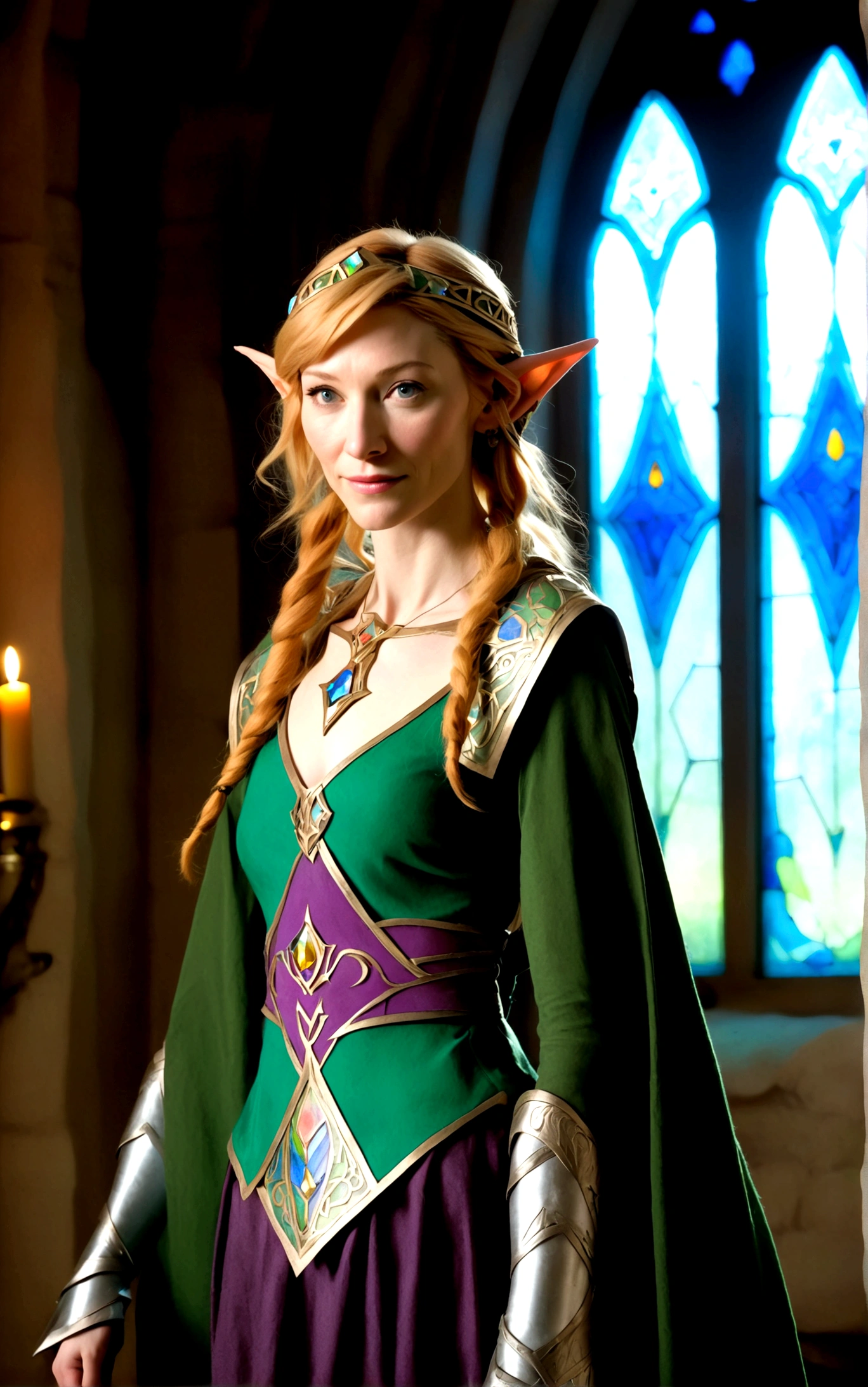 Cate Blanchett (age 25, elf ears, Twilight princess Zelda costume), heroic pose, lavish room with stained glass
