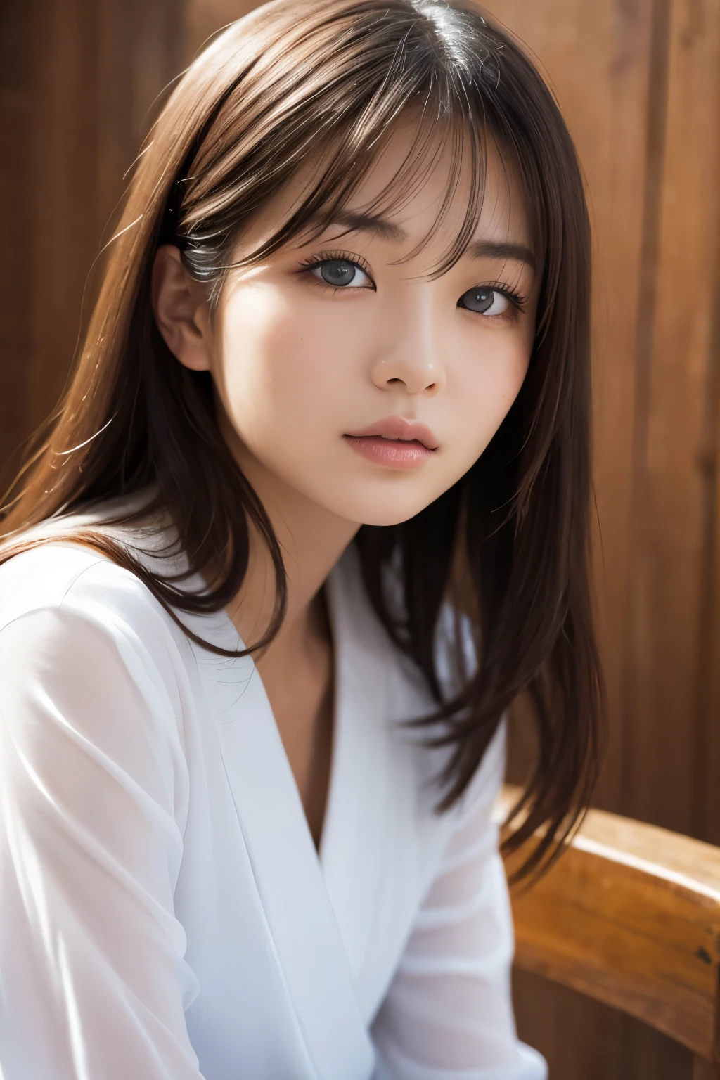Japanese women、Upper body close-up、Beautiful expression、He is sitting in a noble chair and looking at the viewer.、Mysterious Colors、big, Beautiful brown eyes, big iris, Ultra-high resolution,