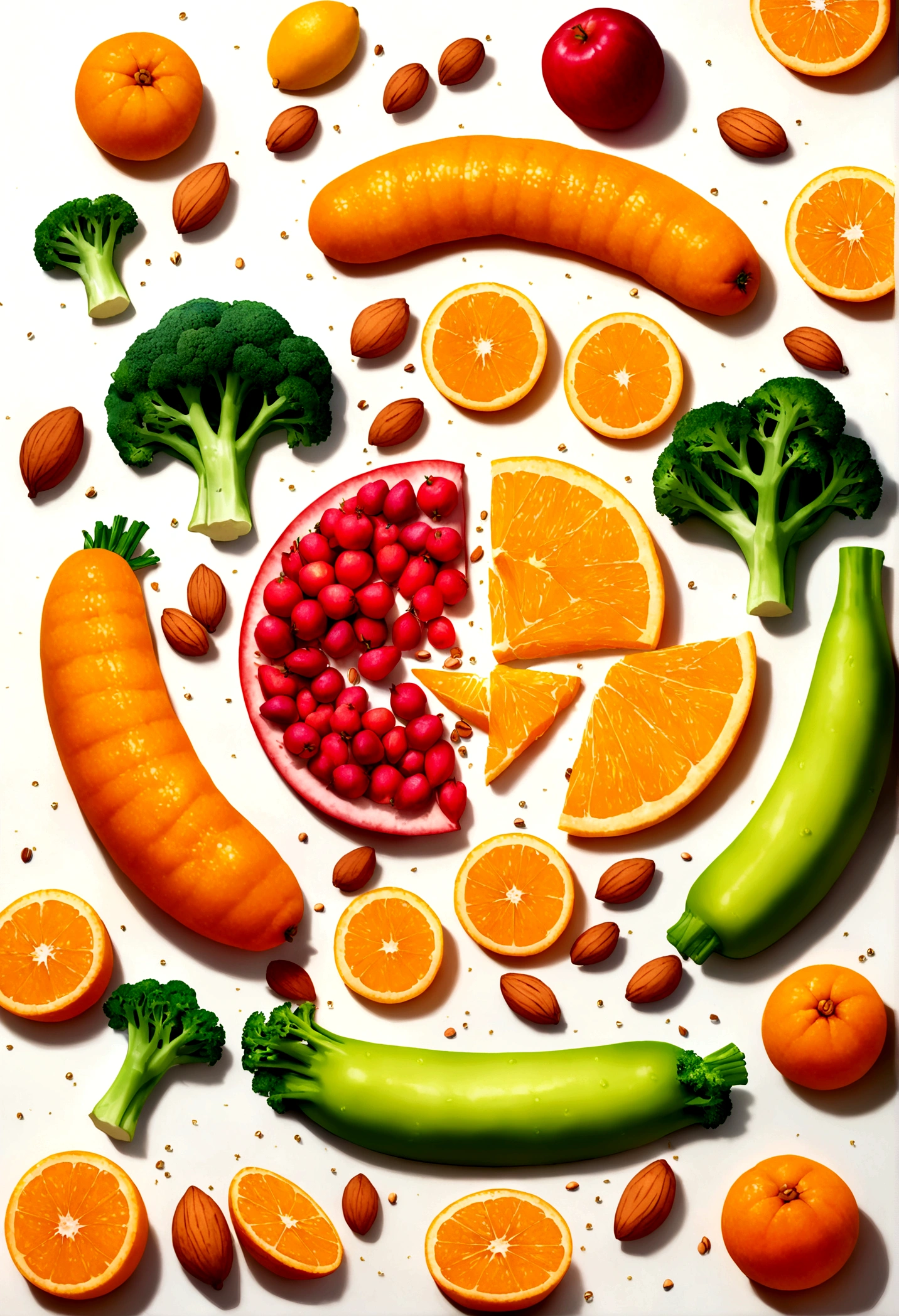 A sleek, modern bottle labeled 'Biocap Vitamin' with vibrant colors, showcasing a burst of assorted fruits and vegetables, representing multivitamins and multiminerals. The bottle is surrounded by fresh, healthy foods like oranges, broccoli, and almonds, all set against a clean, white background. The image exudes a sense of health, vitality, and wellness, side elevation views