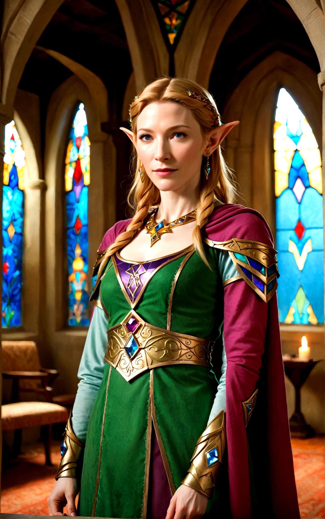 Cate Blanchett (age 25, elf ears, Twilight princess Zelda costume), heroic pose, lavish room with stained glass