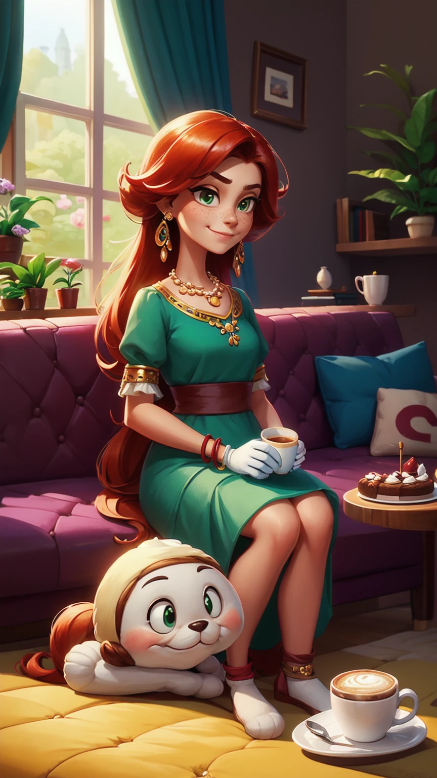 Concept Art,character illustration of a,European and American cartoons,(whole body:1.5),Mid-Long View,carpet,(Puppy lying on the floor),shoe,一个20岁的金发女生悠闲的sit在living room,Holding a cup of coffee,A laid-back expression,Relax,Leisure,European and American cartoons,1 Girl,freckle,Solitary,Jewelry,Green Eyes,Weaving,earrings,twin Weavings,necklace,Looking at the audience,Red hair,plant,Puff sleeves,bracelet,Smile,Long hair,puffy short sleeve,Necklace,dress,flower,Coffee cup,Gloves,earrings,Jewelry,肘部Gloves,cup,sit,sofa,window,cake,小cake,sofa,living room,solo