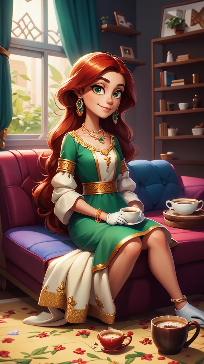 Concept Art,character illustration of a,European and American cartoons,(whole body:1.5),Mid-Long View,carpet,(Puppy lying on the floor),shoe,一个20岁的金发女生悠闲的sit在living room,Holding a cup of coffee,A laid-back expression,Relax,Leisure,European and American cartoons,1 Girl,freckle,Solitary,Jewelry,Green Eyes,Weaving,earrings,twin Weavings,necklace,Looking at the audience,Red hair,plant,Puff sleeves,bracelet,Smile,Long hair,puffy short sleeve,Necklace,dress,flower,Coffee cup,Gloves,earrings,Jewelry,肘部Gloves,cup,sit,sofa,window,cake,小cake,sofa,living room,solo