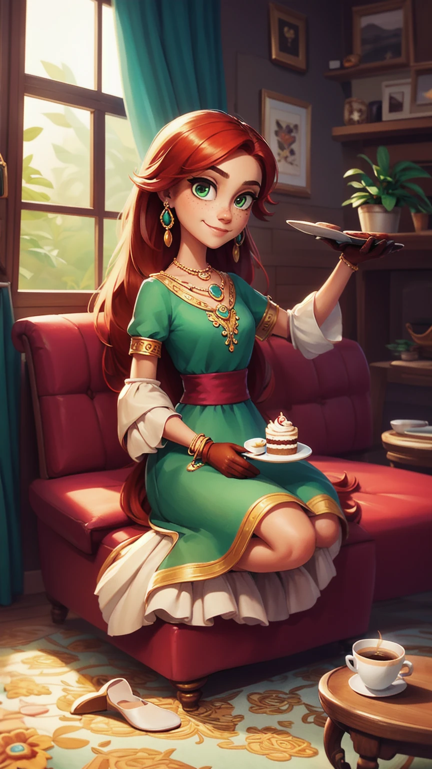 Concept Art,character illustration of a,European and American cartoons,(whole body:1.5),Mid-Long View,carpet,(Puppy lying on the floor),shoe,一个20岁的金发女生悠闲的sit在living room,Holding a cup of coffee,A laid-back expression,Relax,Leisure,European and American cartoons,1 Girl,freckle,Solitary,Jewelry,Green Eyes,Weaving,earrings,twin Weavings,necklace,Looking at the audience,Red hair,plant,Puff sleeves,bracelet,Smile,Long hair,puffy short sleeve,Necklace,dress,flower,Coffee cup,Gloves,earrings,Jewelry,肘部Gloves,cup,sit,sofa,window,cake,小cake,sofa,living room,solo