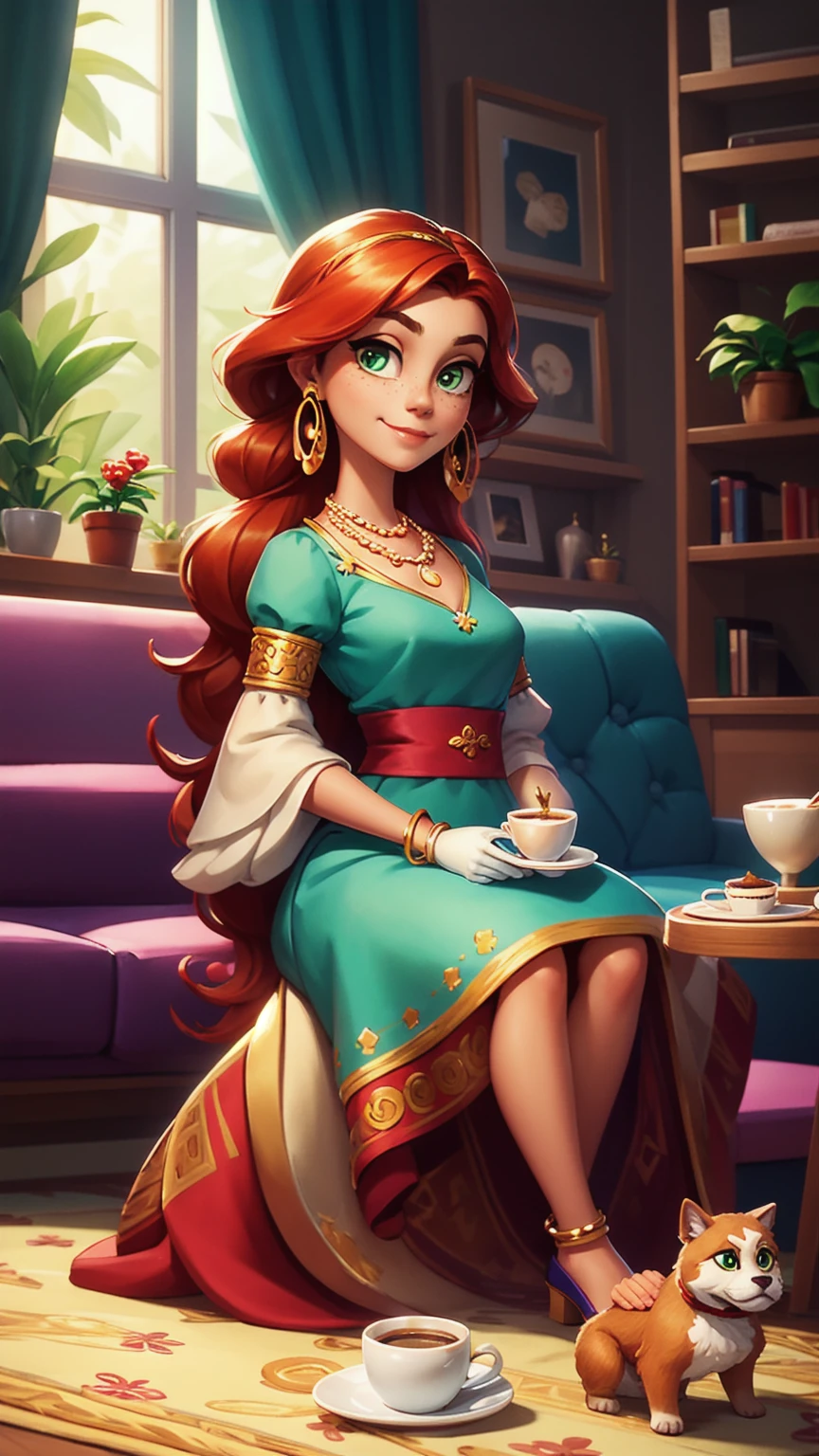 Concept Art,character illustration of a,European and American cartoons,（whole body：1.5），Mid-Long View，carpet，（Puppy lying on the floor），shoe，一个20岁的金发女生悠闲的sit在living room，Holding a cup of coffee，A laid-back expression，Relax，Leisure，European and American cartoons，1 Girl,freckle,Solitary,Jewelry,Green Eyes,Weaving,earrings,twin Weavings,necklace,Looking at the audience,Red hair,plant,Puff sleeves,bracelet,Smile,Long hair,puffy short sleeve,Necklace,dress，flower，Coffee cup，Gloves，earrings，Jewelry，肘部Gloves，cup，sit，sofa，window，cake，小cake，sofa，living room，solo