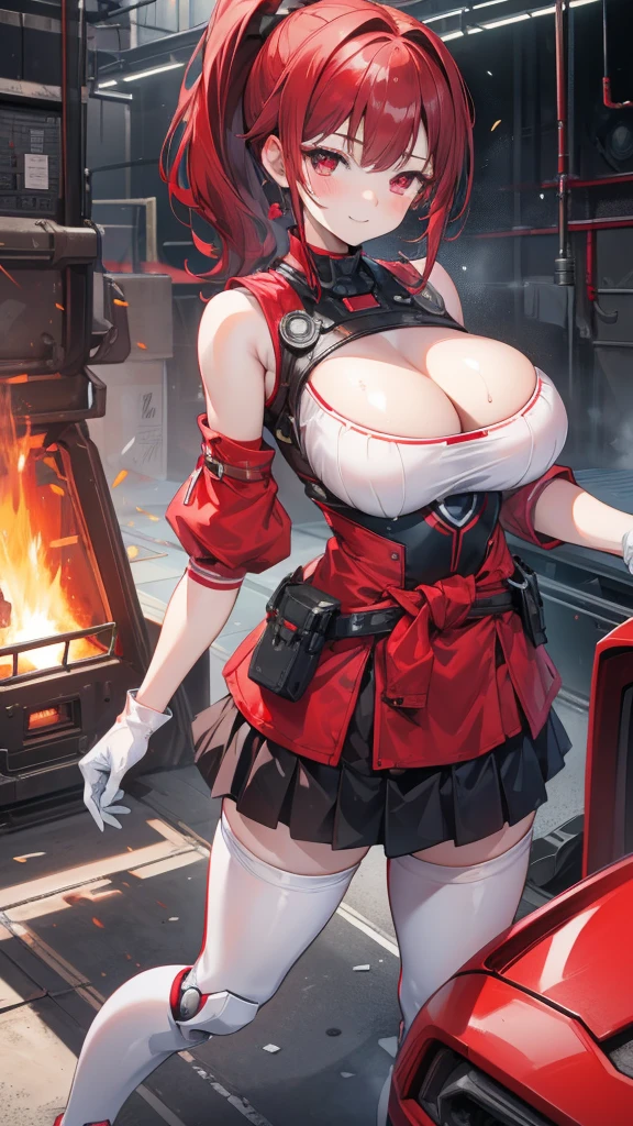 18 year old girl,,dark red short hair,Ponytail hairstyle,Smile,Huge breasts,Cleavage,Transparent red sleeveless top,Leave space in the middle to reveal Cleavage,Soaked all over,blush,Red eyes,female spy,red miniskirt,White gloves,White hand sleeves,White boots,Science fiction,future,Inside the robot warehouse,robot driver,A pistol was hung around his waist,no bangs