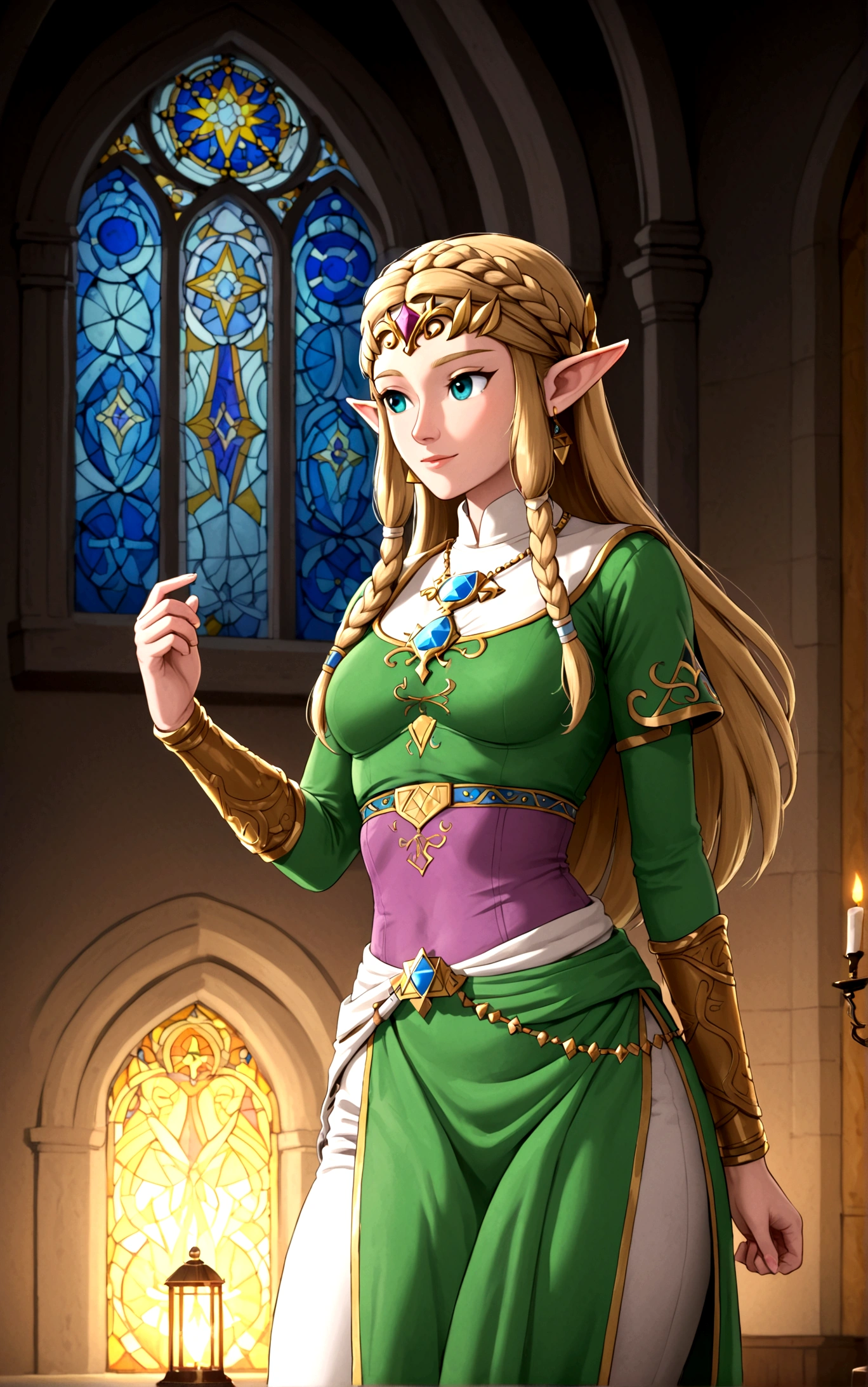 Cate Blanchett (age 25, elf ears, Twilight princess Zelda costume), heroic pose, lavish room with stained glass