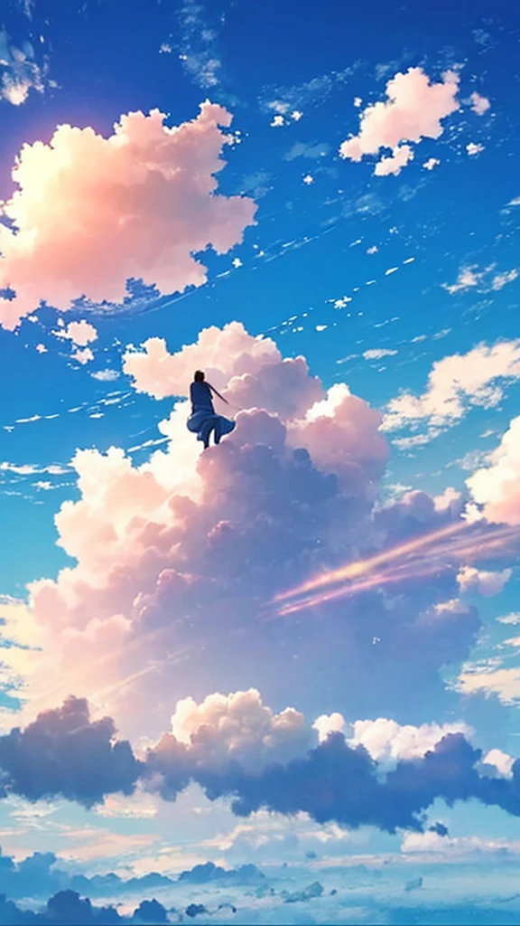 A single figure floats serenely in a vast, vivid blue sky filled with enormous, highly detailed cumulus clouds. The scene captures an ethereal moment, with the individual seemingly suspended in mid-air, surrounded by layers of fluffy white and blue clouds that create a sense of depth and movement. Sunlight filters through the clouds, casting gentle shadows and illuminating the various shades of blue and white, adding a dreamlike quality to the image. The overall atmosphere conveys a sense of tranquility, freedom, and wonder, as if the person is drifting through a boundless, heavenly expanse.