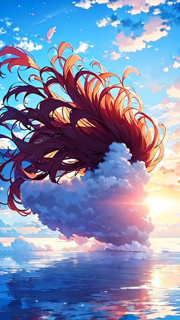 A single figure floats serenely in a vast, vivid blue sky filled with enormous, highly detailed cumulus clouds. The scene captures an ethereal moment, with the individual seemingly suspended in mid-air, surrounded by layers of fluffy white and blue clouds that create a sense of depth and movement. Sunlight filters through the clouds, casting gentle shadows and illuminating the various shades of blue and white, adding a dreamlike quality to the image. The overall atmosphere conveys a sense of tranquility, freedom, and wonder, as if the person is drifting through a boundless, heavenly expanse.